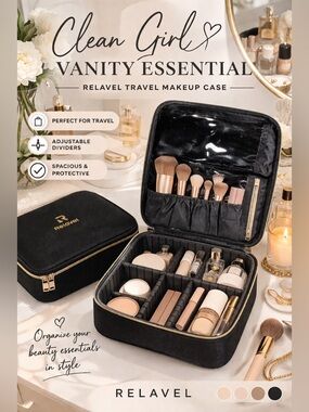 Relavel Travel Makeup Train Case Organizer Black Hard Shell Cosmetic Bag